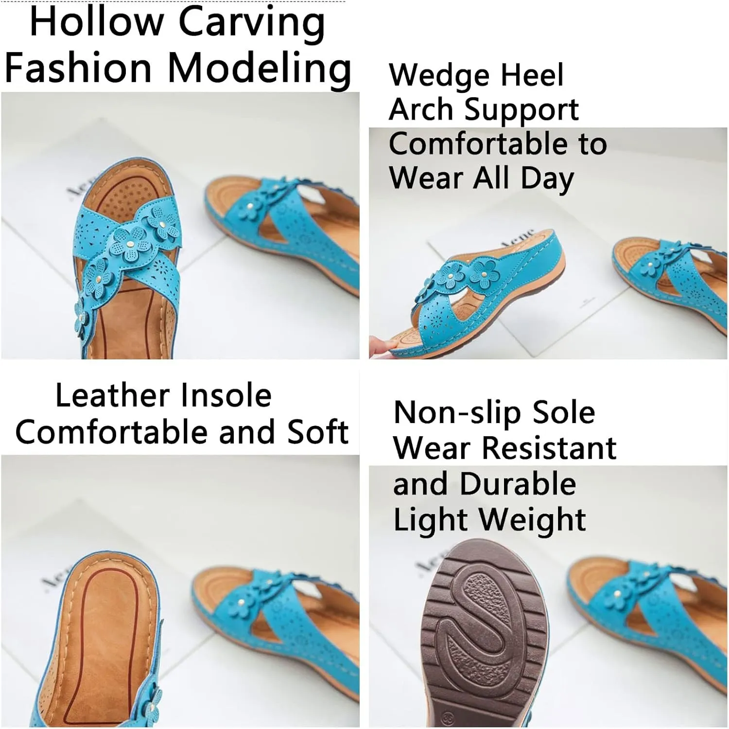 ORNVEION Open Toe Fancy Flower Women Wedge Orthopedic Sandals,Hollowed Slip on Arch Support Sandals Casual Bohemian Fashion Non-Slip Lightweight Slippers