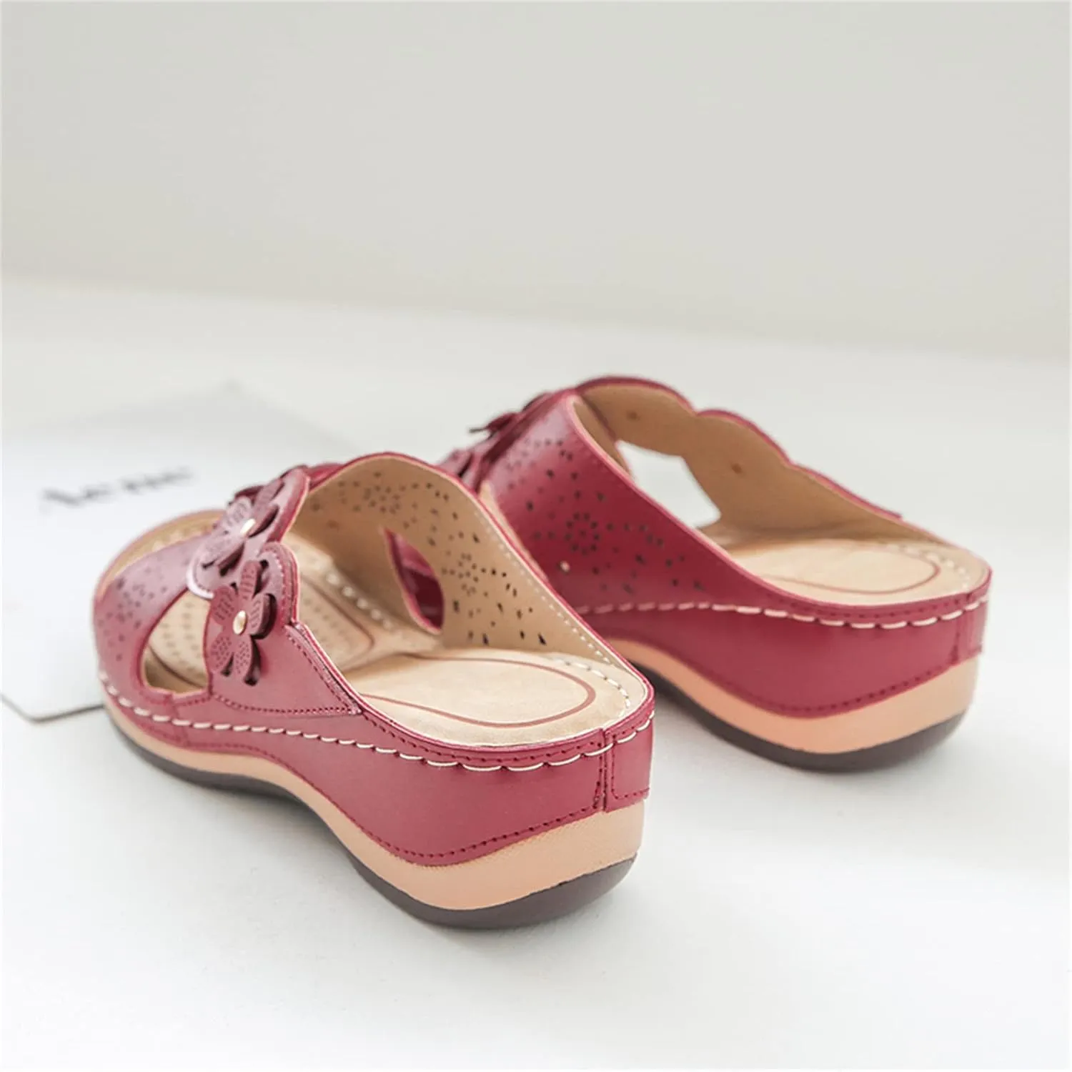 ORNVEION Open Toe Fancy Flower Women Wedge Orthopedic Sandals,Hollowed Slip on Arch Support Sandals Casual Bohemian Fashion Non-Slip Lightweight Slippers