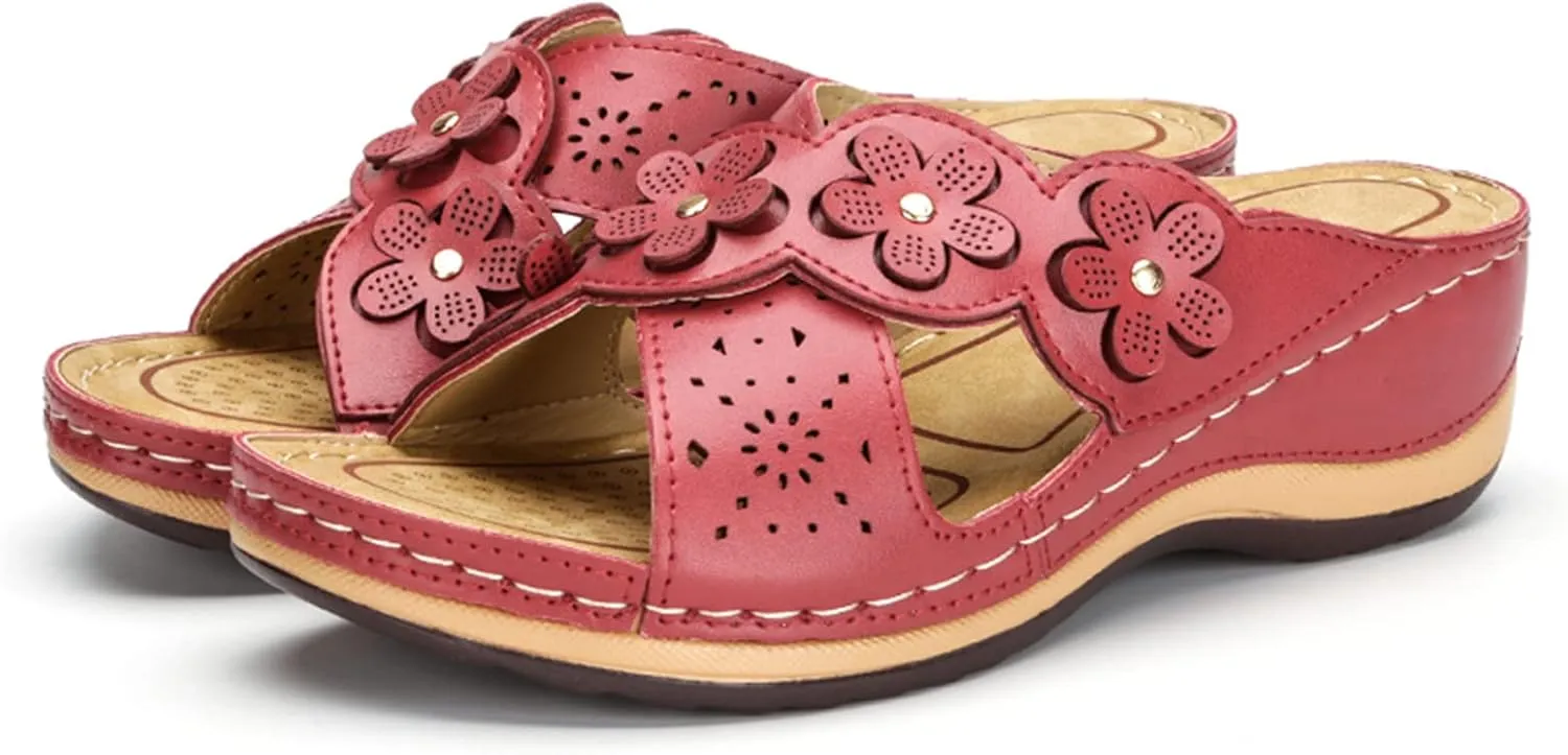 ORNVEION Open Toe Fancy Flower Women Wedge Orthopedic Sandals,Hollowed Slip on Arch Support Sandals Casual Bohemian Fashion Non-Slip Lightweight Slippers