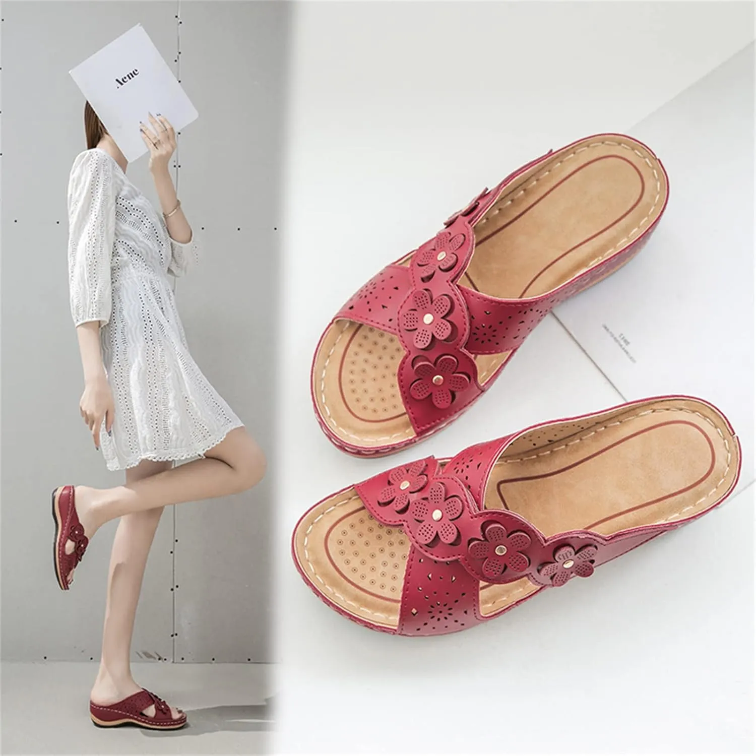 ORNVEION Open Toe Fancy Flower Women Wedge Orthopedic Sandals,Hollowed Slip on Arch Support Sandals Casual Bohemian Fashion Non-Slip Lightweight Slippers
