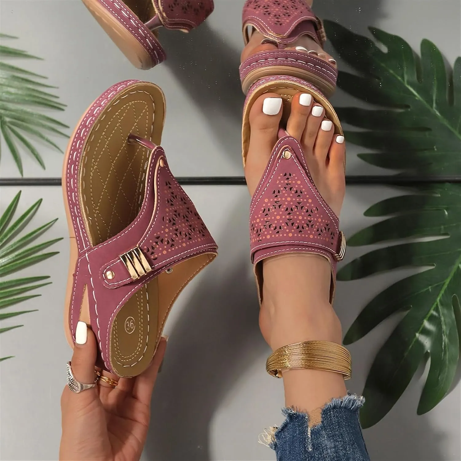 Orthopedic Sandals for Women Arch Support Platform Wedges Comfortable Flip Flops Slip on Mesh Hollow Sports Sandal
