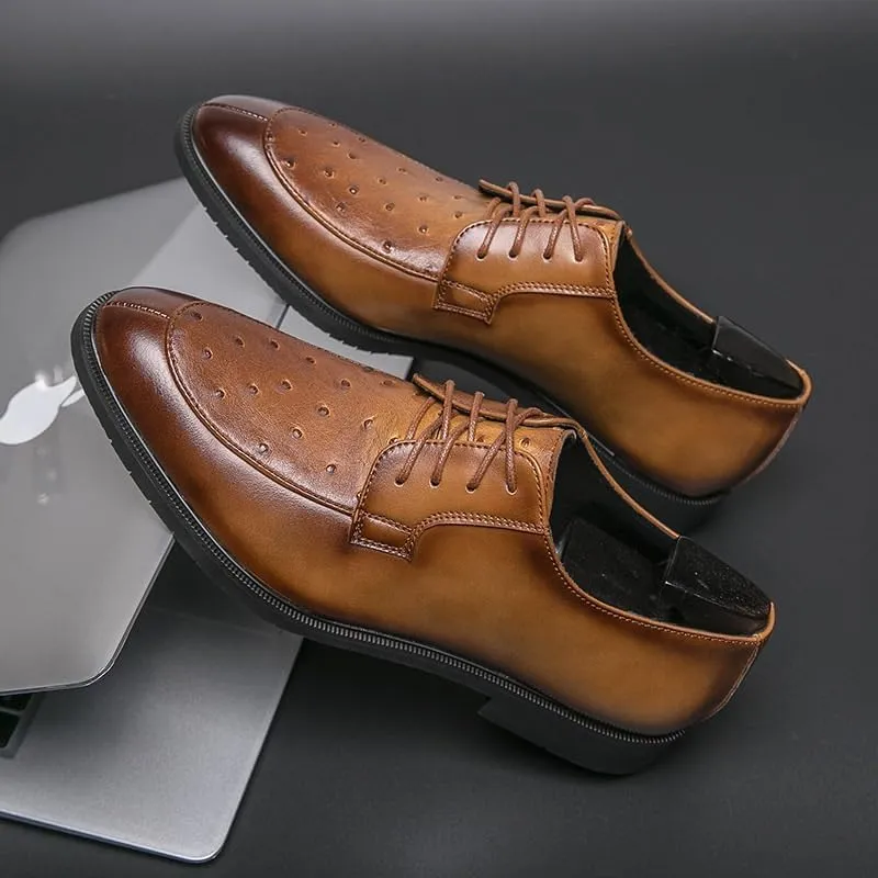 Oxford Shoes for Men Non-Slip Rubber Flat Dress Shoes for Men Retro Pointed Chunky Heel Business Derby Shoes