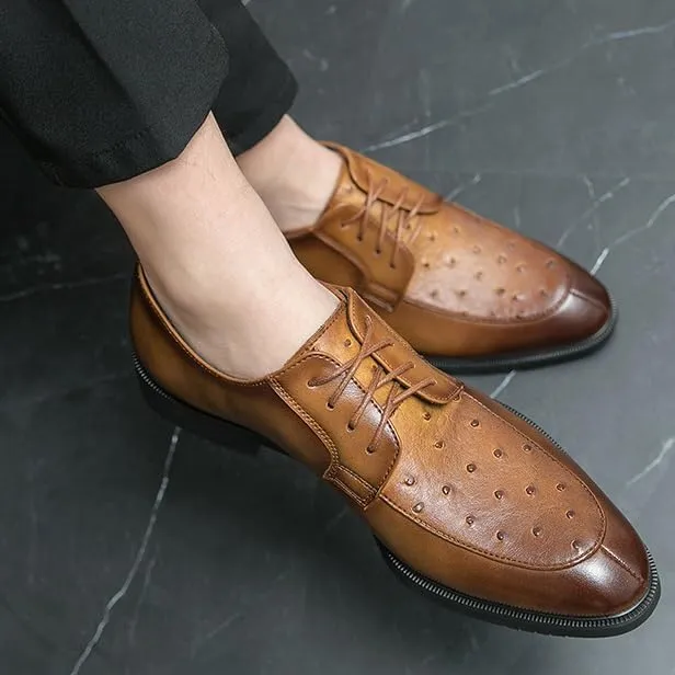Oxford Shoes for Men Non-Slip Rubber Flat Dress Shoes for Men Retro Pointed Chunky Heel Business Derby Shoes