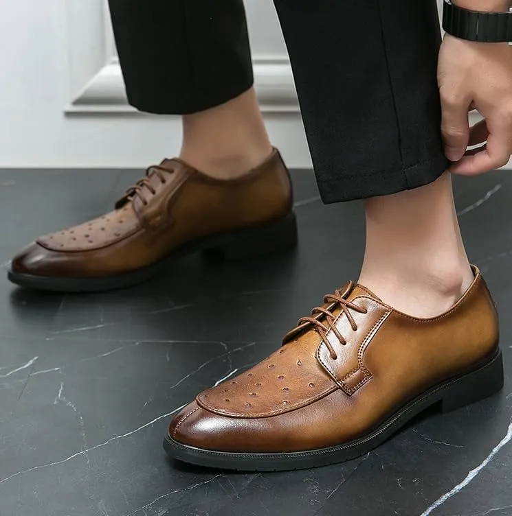 Oxford Shoes for Men Non-Slip Rubber Flat Dress Shoes for Men Retro Pointed Chunky Heel Business Derby Shoes