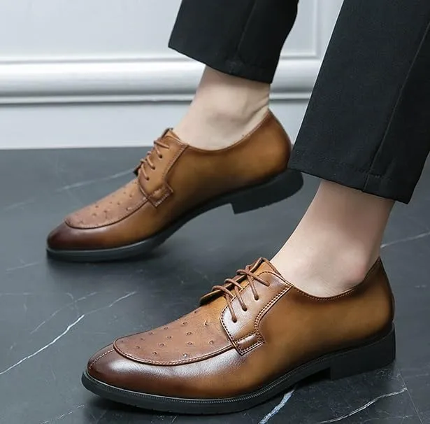 Oxford Shoes for Men Non-Slip Rubber Flat Dress Shoes for Men Retro Pointed Chunky Heel Business Derby Shoes