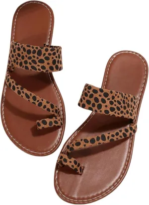 OYOANGLE Women's Leopard Print Toe Ring Sandals Strappy Open Toe Slip On Flat Casual Outdoor Sandals