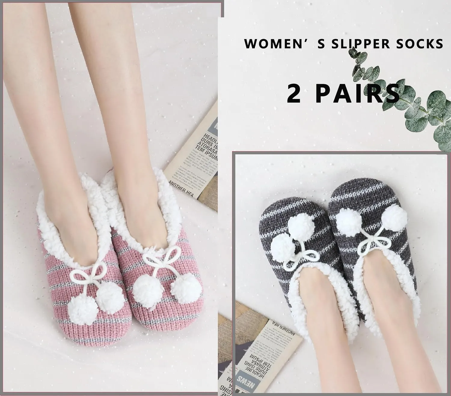 Panda Bros 2 Pairs Slipper Socks For Women With Grippers, Fuzzy Womens Slipper Socks With Non Slip Bottoms, Cozy Warm House Slippers