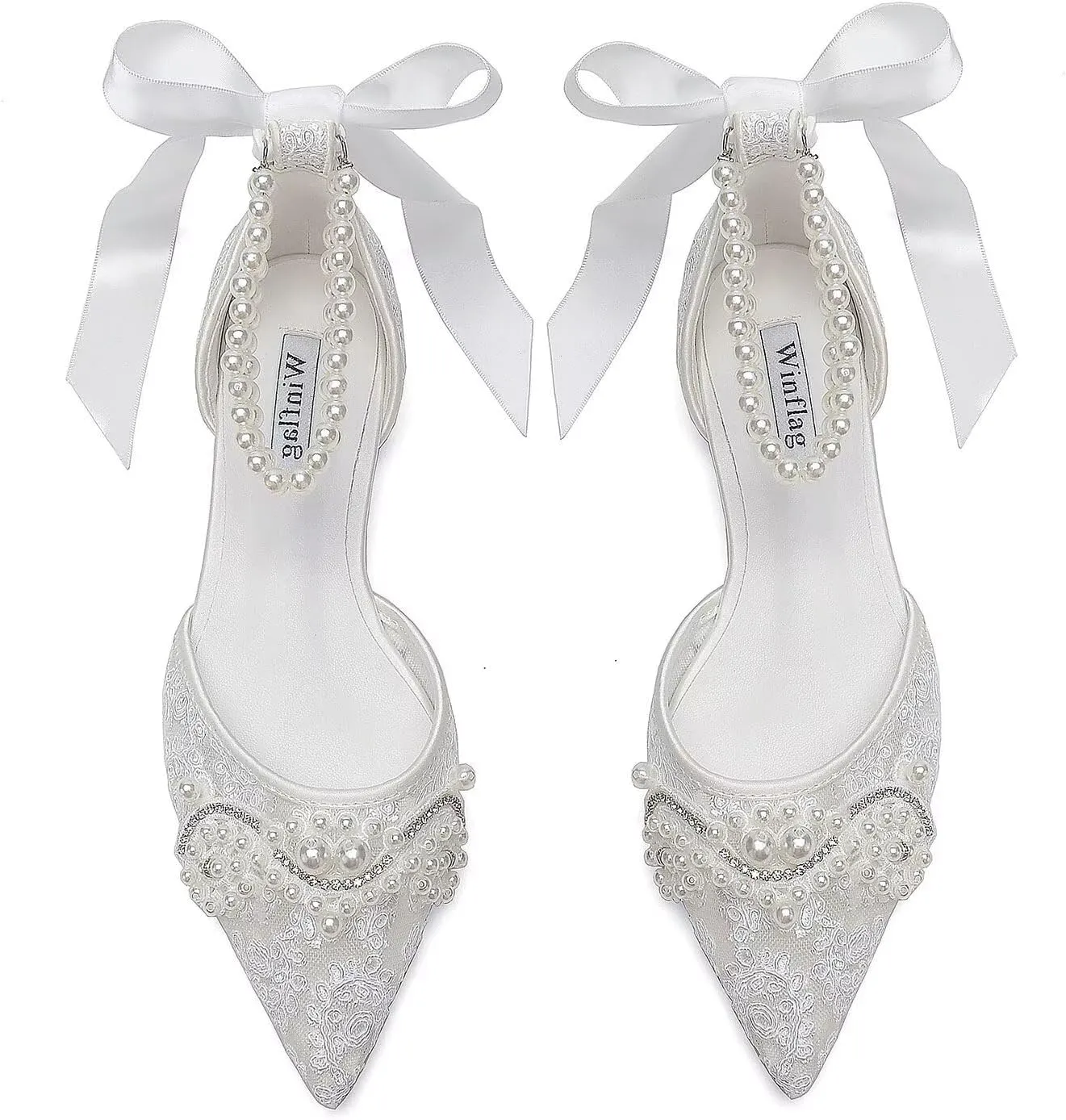 Pearl Wedding Shoes for Bride Flat Lace Bride Shoes Pointed Toe Bridal Flats