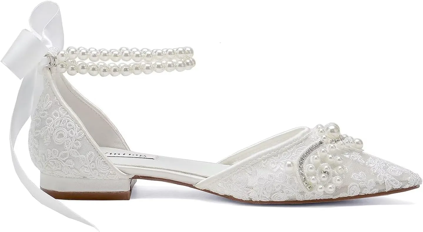 Pearl Wedding Shoes for Bride Flat Lace Bride Shoes Pointed Toe Bridal Flats