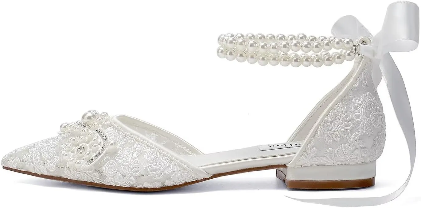 Pearl Wedding Shoes for Bride Flat Lace Bride Shoes Pointed Toe Bridal Flats