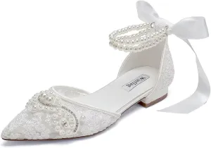Pearl Wedding Shoes for Bride Flat Lace Bride Shoes Pointed Toe Bridal Flats