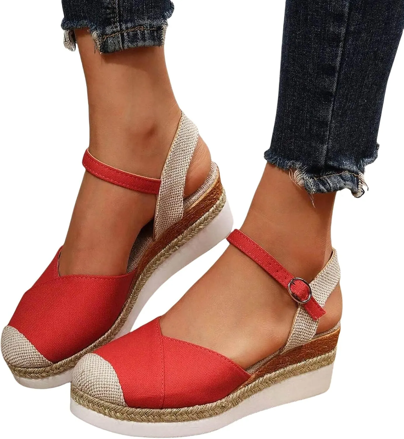 Platform Wedge Sandals for Women Summer Dressy Color Block Ankle Strap Closed Toe Espadrille Wedge Sandals Casual Beach Shoes