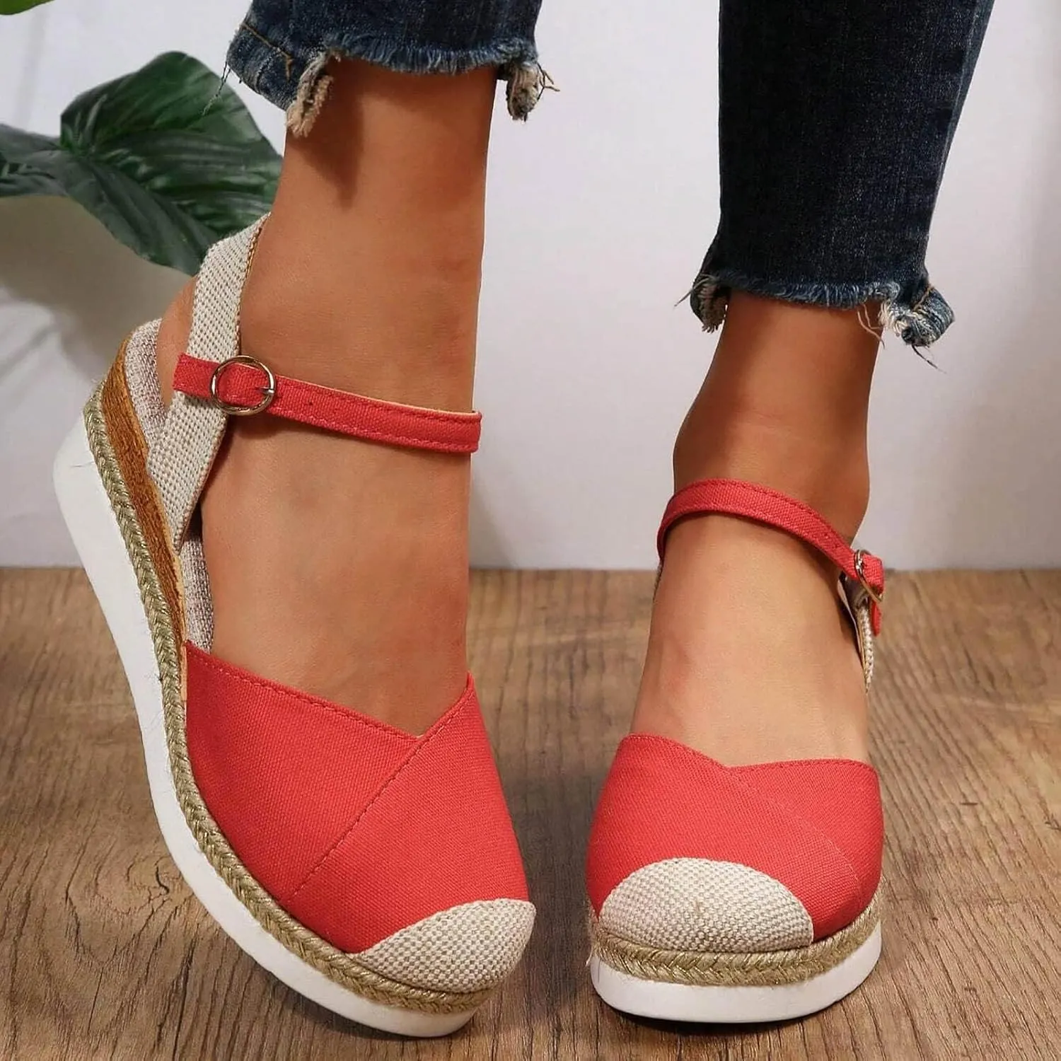 Platform Wedge Sandals for Women Summer Dressy Color Block Ankle Strap Closed Toe Espadrille Wedge Sandals Casual Beach Shoes