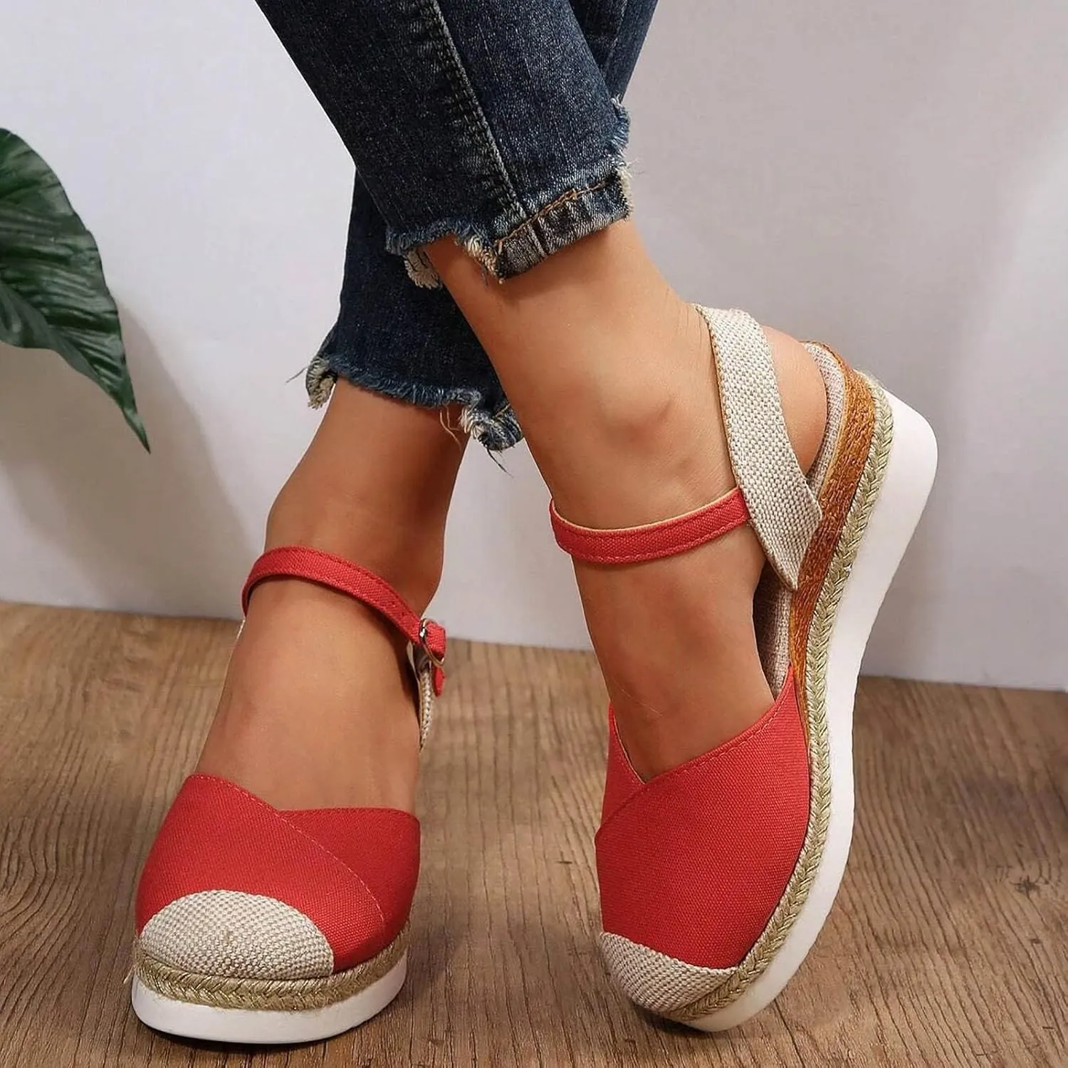 Platform Wedge Sandals for Women Summer Dressy Color Block Ankle Strap Closed Toe Espadrille Wedge Sandals Casual Beach Shoes