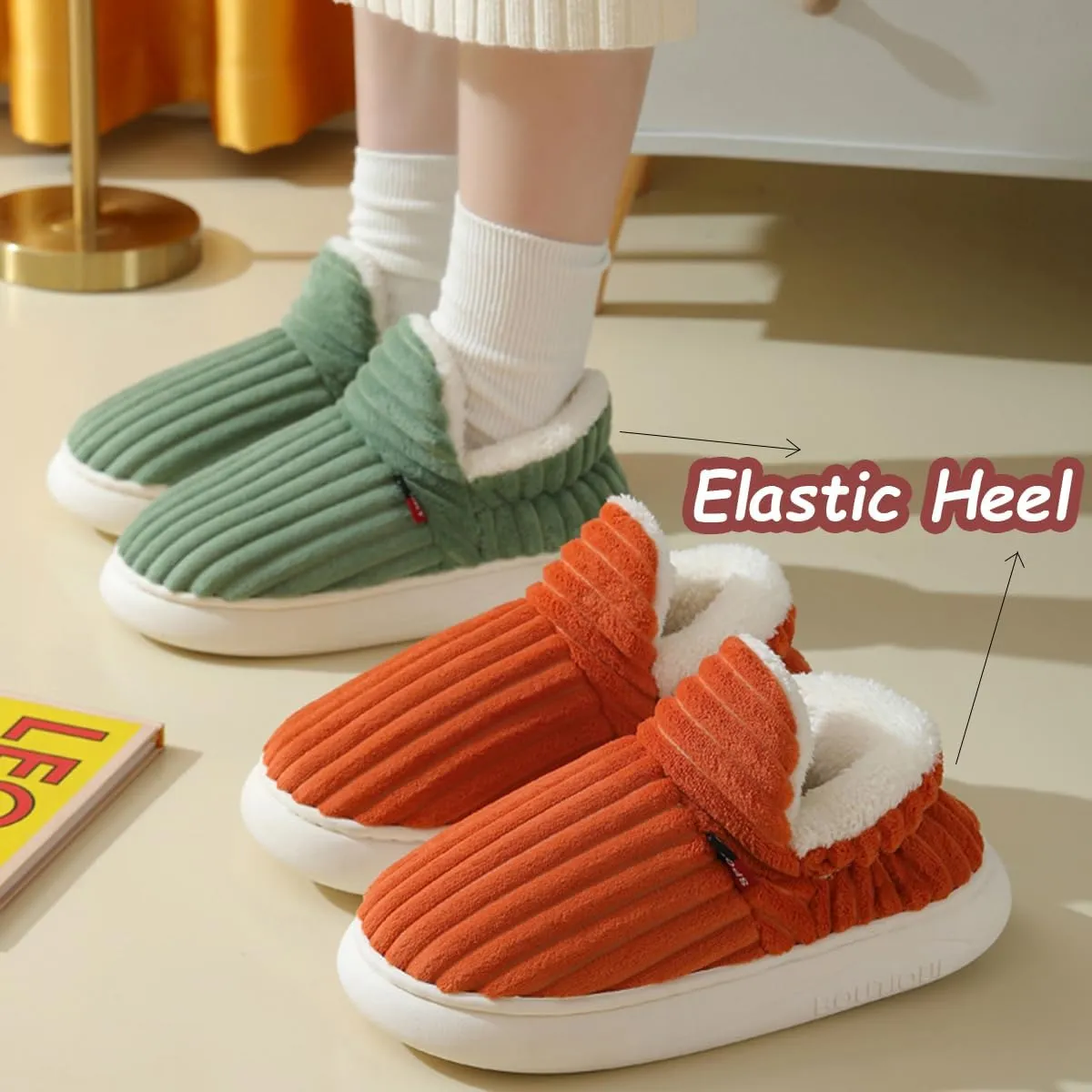 Pluffi Slipper Booties Women Men, Winter Anti-Slip Warm fluffy slippers Shoes, Plush Striped Ankle Heeled Cloud Slides
