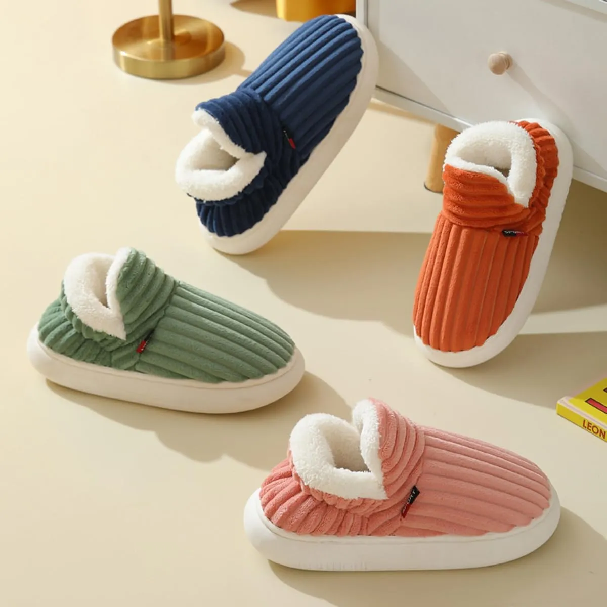 Pluffi Slipper Booties Women Men, Winter Anti-Slip Warm fluffy slippers Shoes, Plush Striped Ankle Heeled Cloud Slides