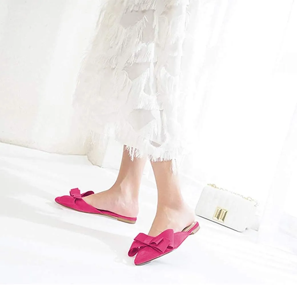 Pointed Toe Bow-Knot Flat Backless Slip On Slide Mules for Women