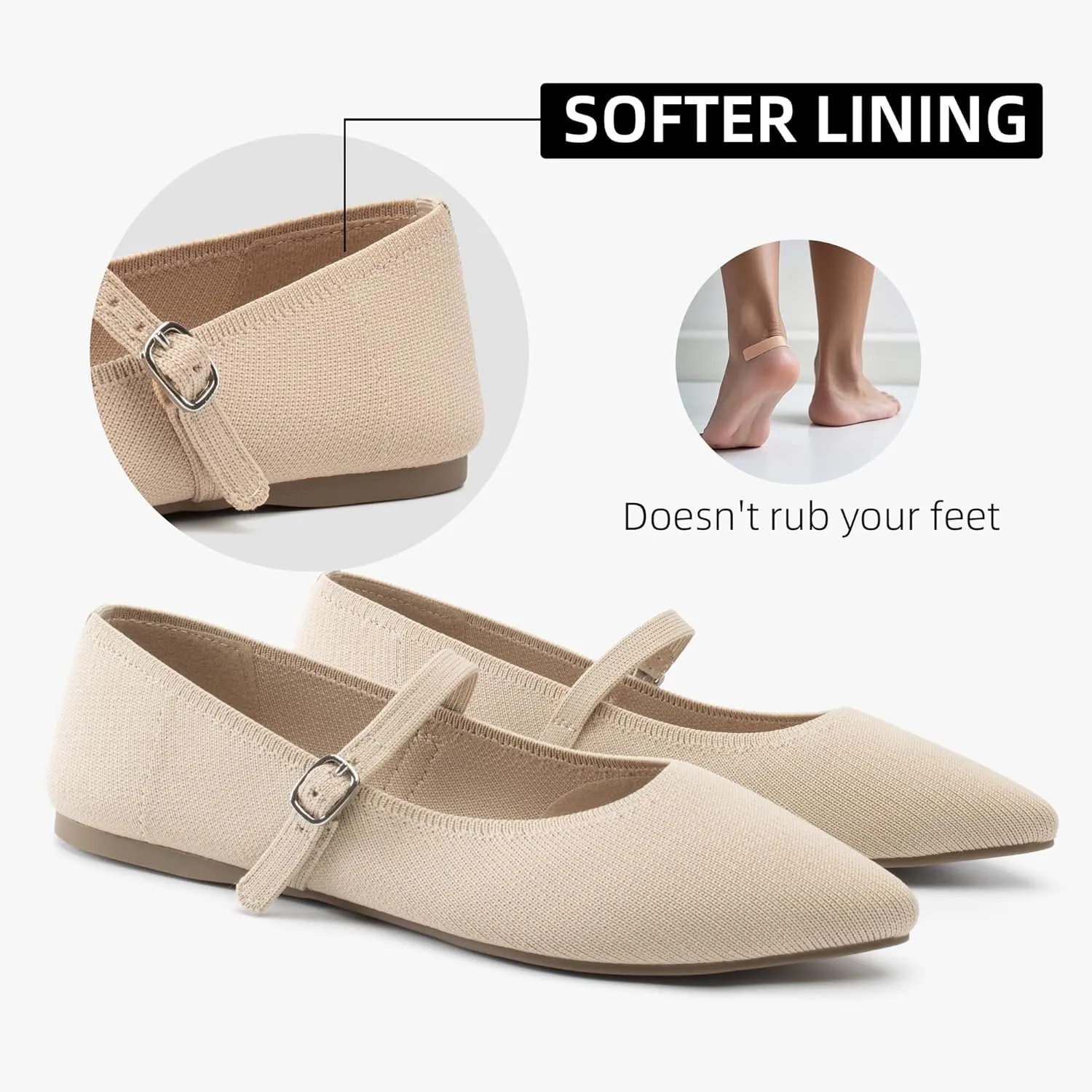 Pointed Toe Flats Knit Ballet Flat Shoes for Women Comfortable with Adjustable Strap,Washable Dressy Casual Flats for Work Office