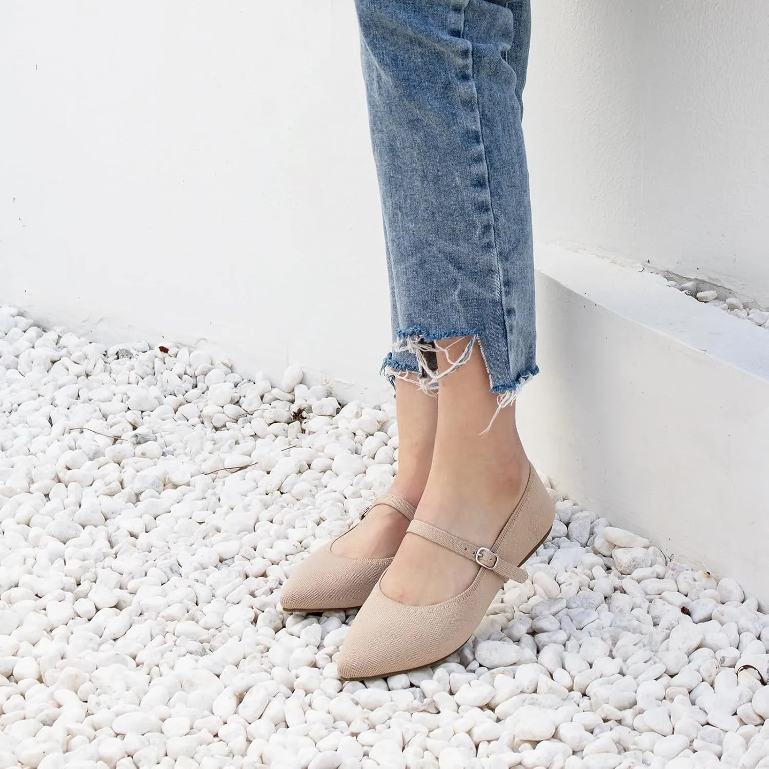 Pointed Toe Flats Knit Ballet Flat Shoes for Women Comfortable with Adjustable Strap,Washable Dressy Casual Flats for Work Office