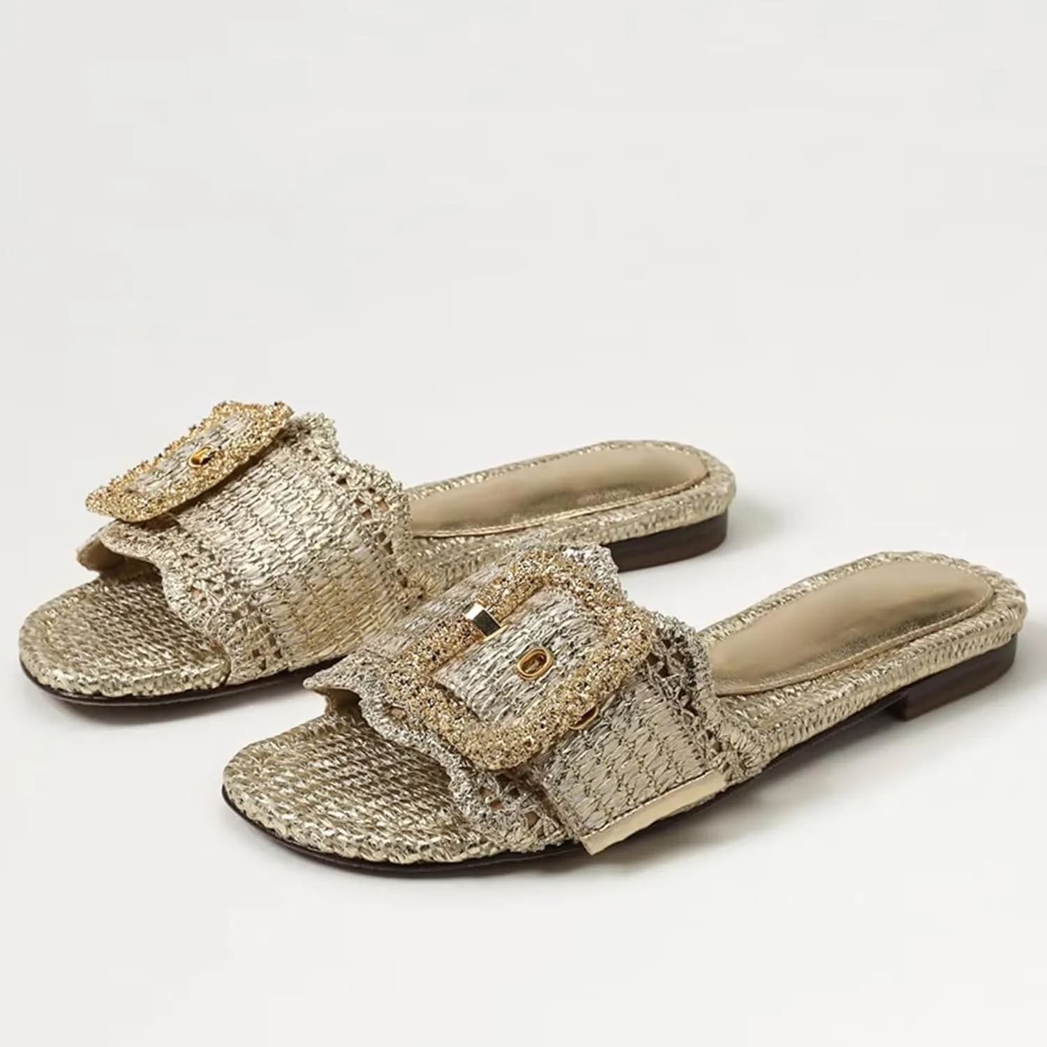 Raffia Flat Sandals for Women Woven Rattan Buckle Slide Sandals Summer Slip On Beach Sandals