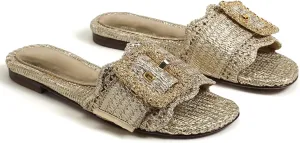 Raffia Flat Sandals for Women Woven Rattan Buckle Slide Sandals Summer Slip On Beach Sandals