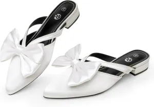 Rekayla Mules for Women Closed Pointed Toe Flats Slip On Women's Mules with Bow Knot Comfortable Backless Loafers Low Heels Casual Work Party Dress Shoes