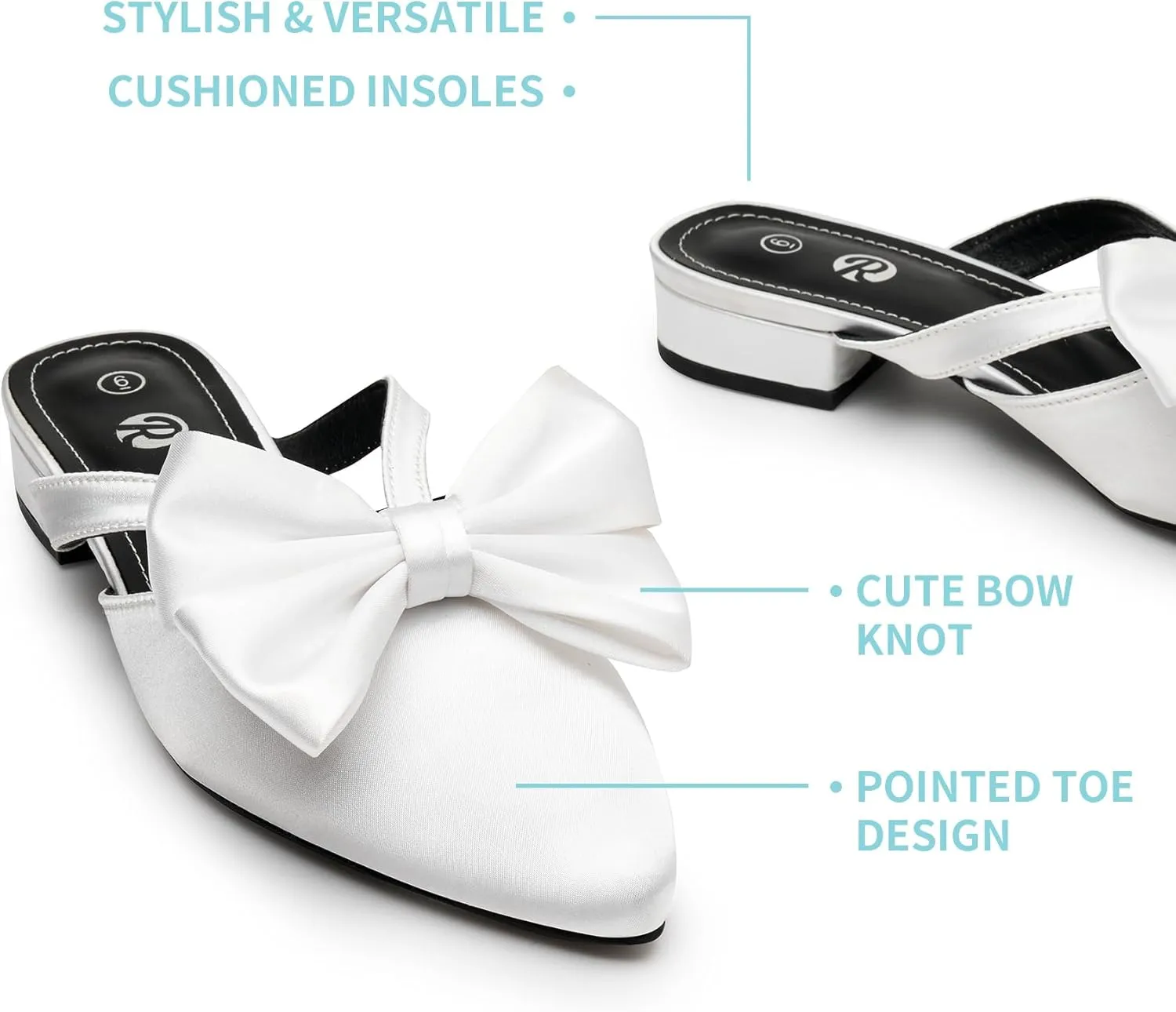 Rekayla Mules for Women Closed Pointed Toe Flats Slip On Women's Mules with Bow Knot Comfortable Backless Loafers Low Heels Casual Work Party Dress Shoes