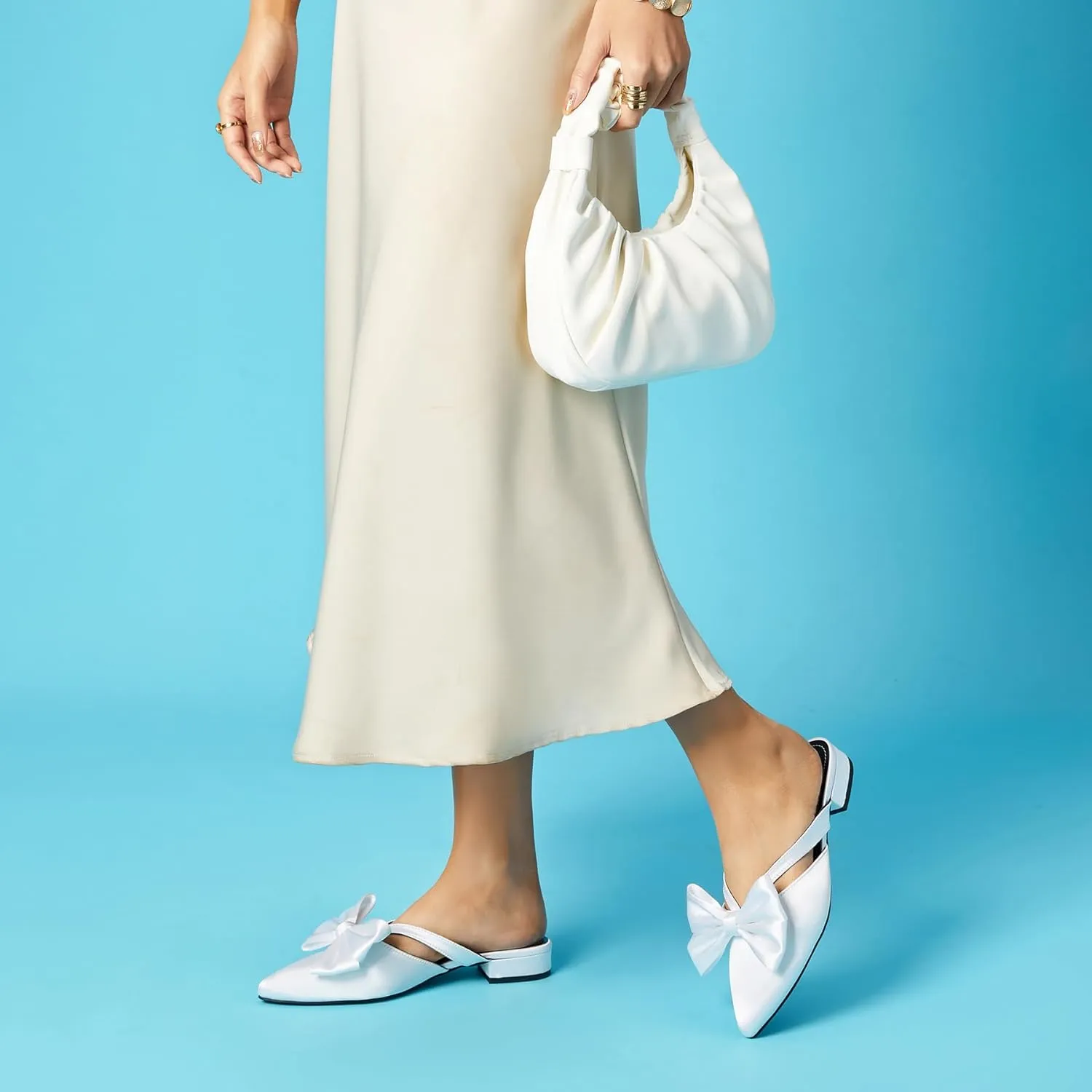 Rekayla Mules for Women Closed Pointed Toe Flats Slip On Women's Mules with Bow Knot Comfortable Backless Loafers Low Heels Casual Work Party Dress Shoes