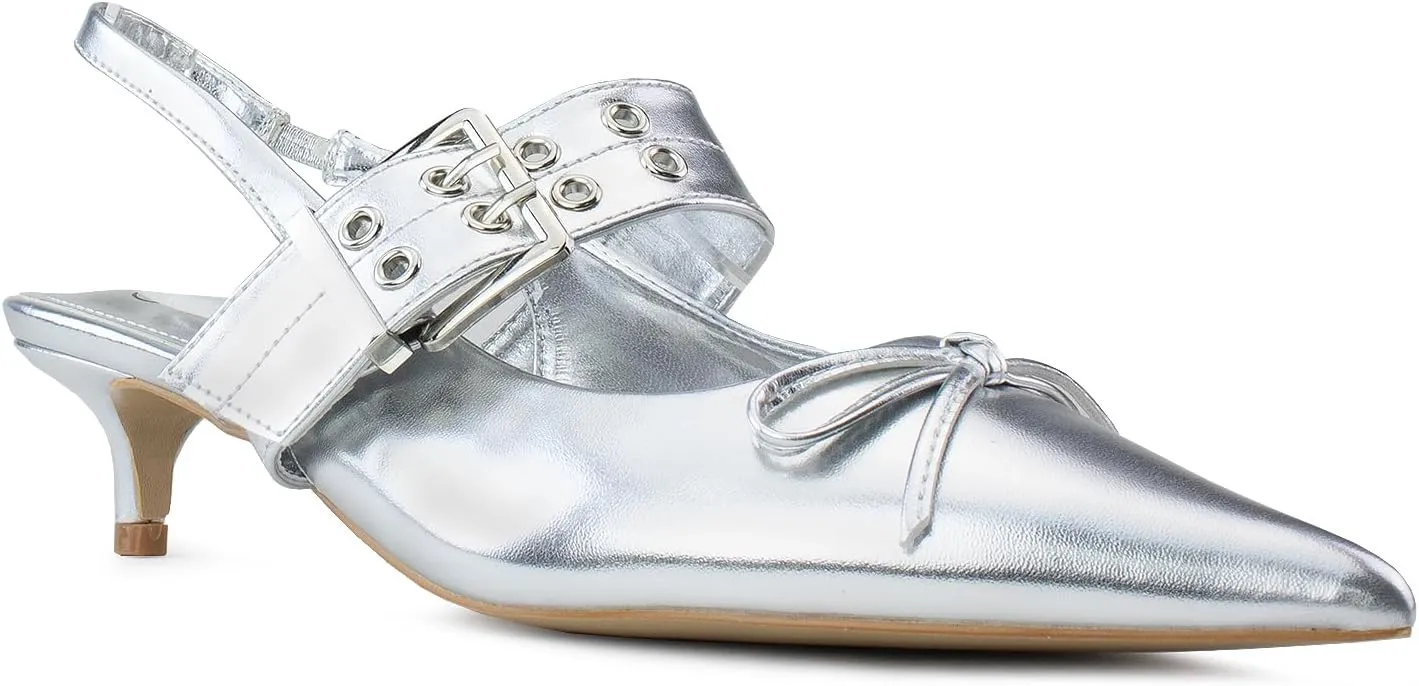 RF ROOM OF FASHION Women's Pointed Toe Slingback Mule Kitten Heel Pumps, Buckle Crystal Jeweled Design, Mary Jane Style