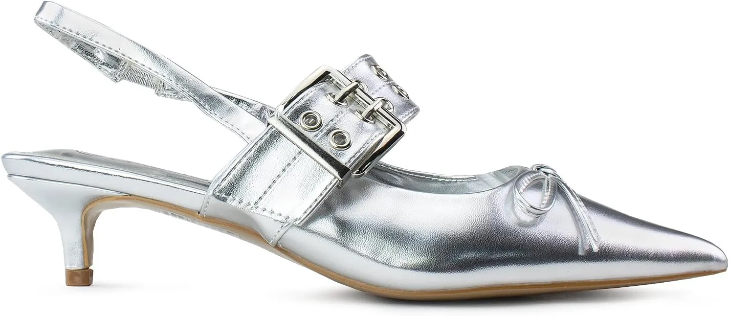 RF ROOM OF FASHION Women's Pointed Toe Slingback Mule Kitten Heel Pumps, Buckle Crystal Jeweled Design, Mary Jane Style
