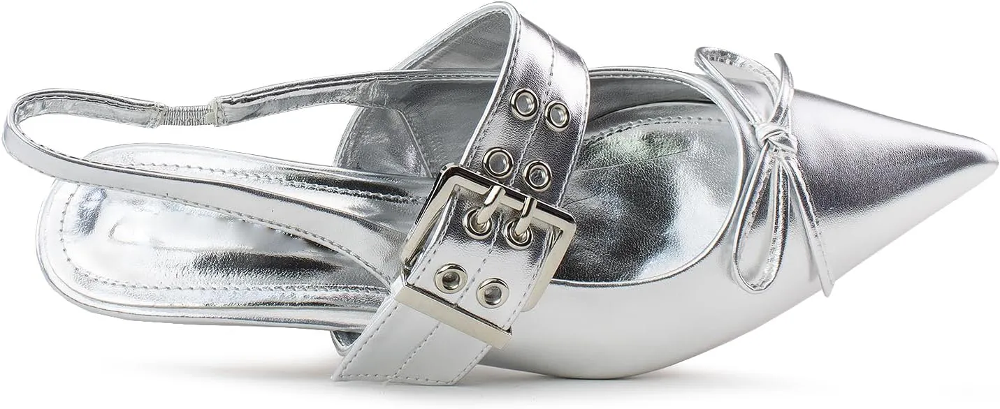 RF ROOM OF FASHION Women's Pointed Toe Slingback Mule Kitten Heel Pumps, Buckle Crystal Jeweled Design, Mary Jane Style