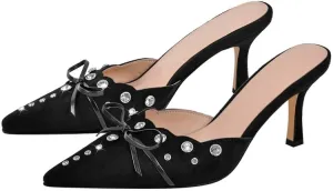 Richealnana Women's Pointed Toe Bow Mule Sandals Party Wedding High Heel Pumps