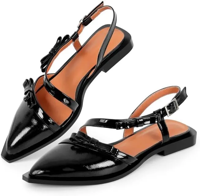 richealnini Pointed Toe Flat Pumps Slip On Slingback with Buckles and Bows