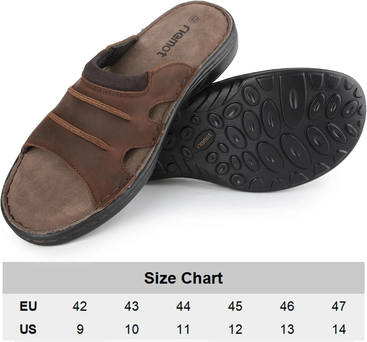 riemot Men's Leather Sandals Outdoor Walking Cushioning Arch Support Sandals Casual Lightweight Non-slip Summer Slides Shoes US 9-14