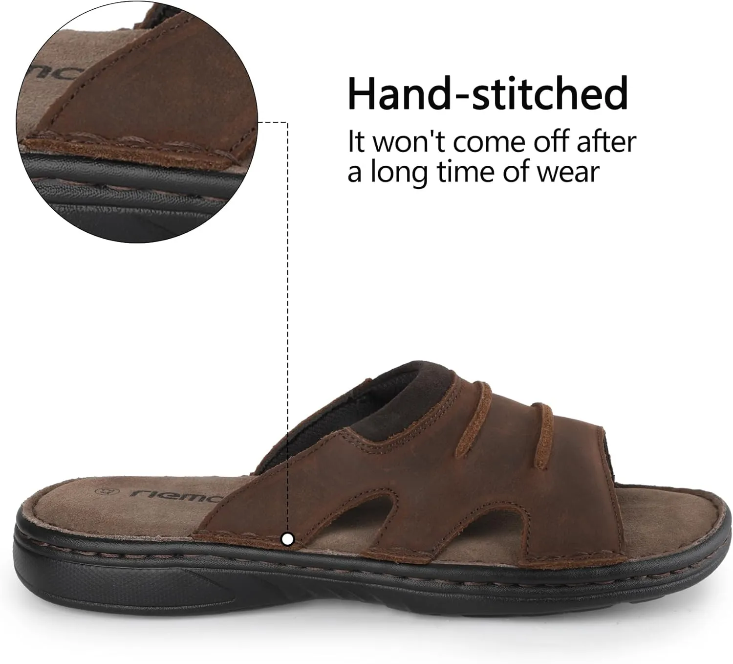riemot Men's Leather Sandals Outdoor Walking Cushioning Arch Support Sandals Casual Lightweight Non-slip Summer Slides Shoes US 9-14