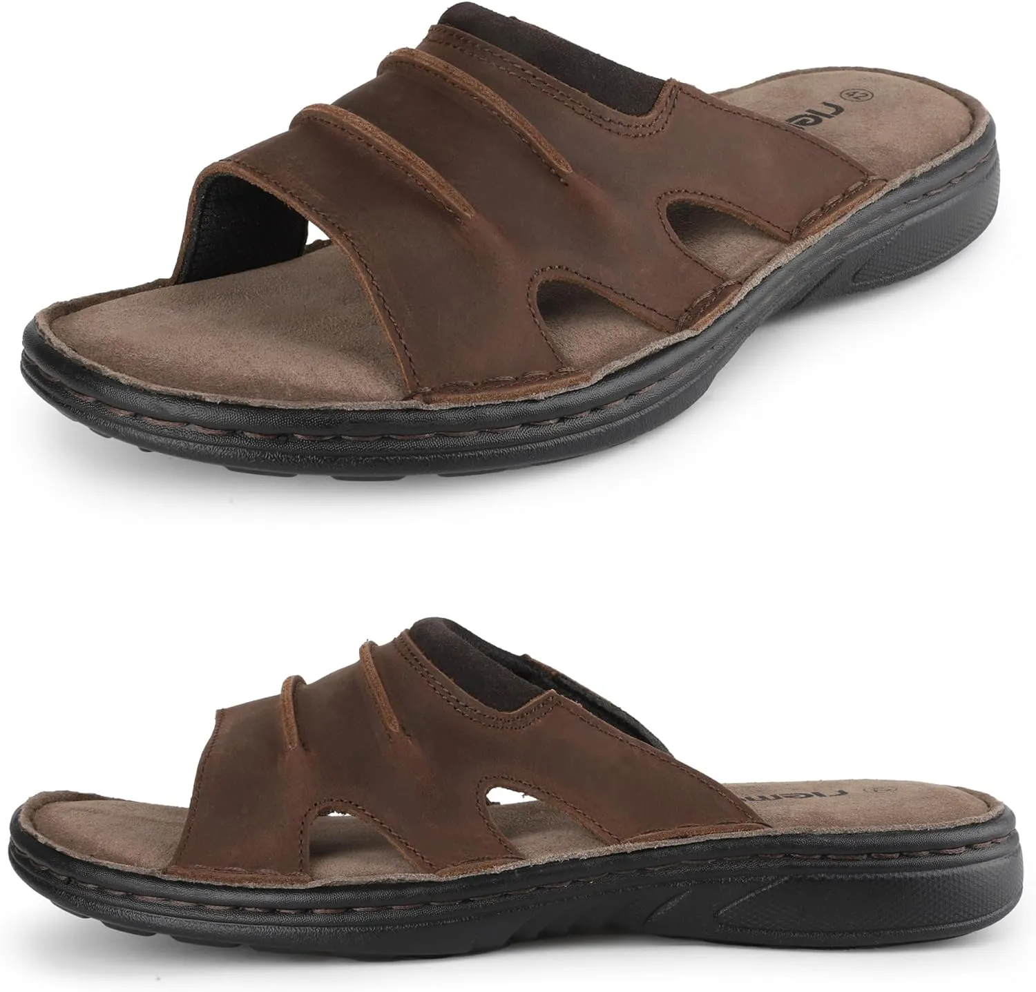 riemot Men's Leather Sandals Outdoor Walking Cushioning Arch Support Sandals Casual Lightweight Non-slip Summer Slides Shoes US 9-14