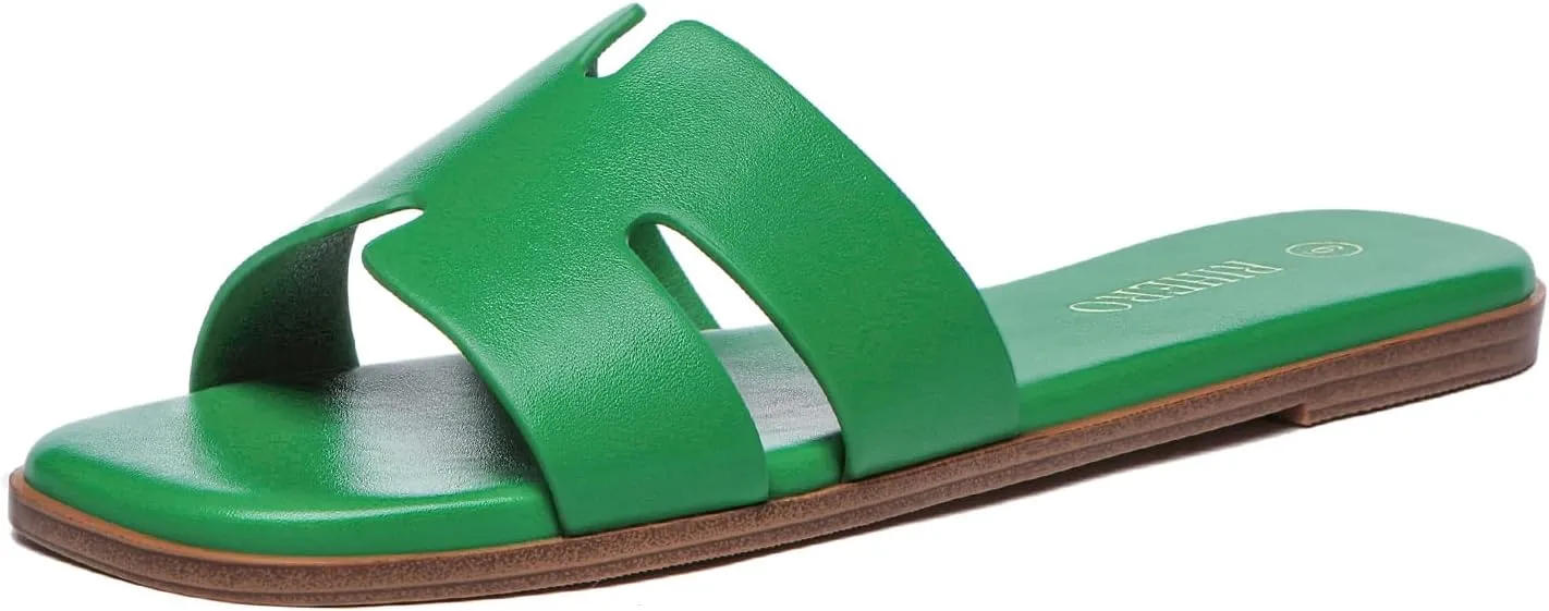 Rihero Women's Dressy Flat Sandals Comfortable Slip On Leather Slide Sandals