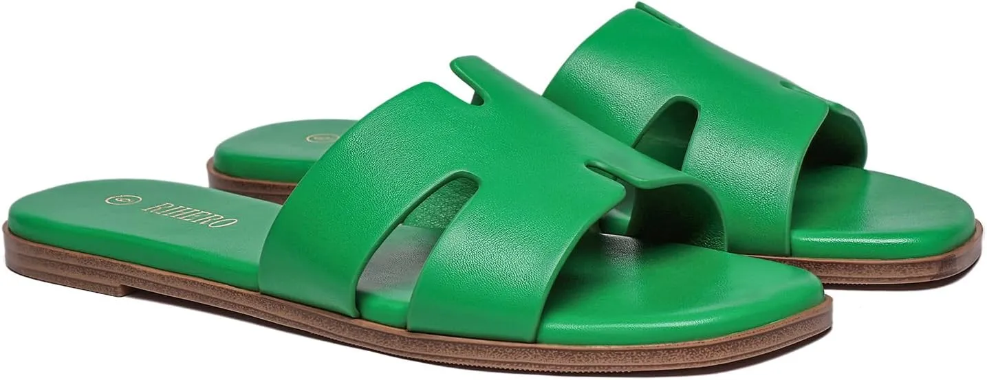 Rihero Women's Dressy Flat Sandals Comfortable Slip On Leather Slide Sandals