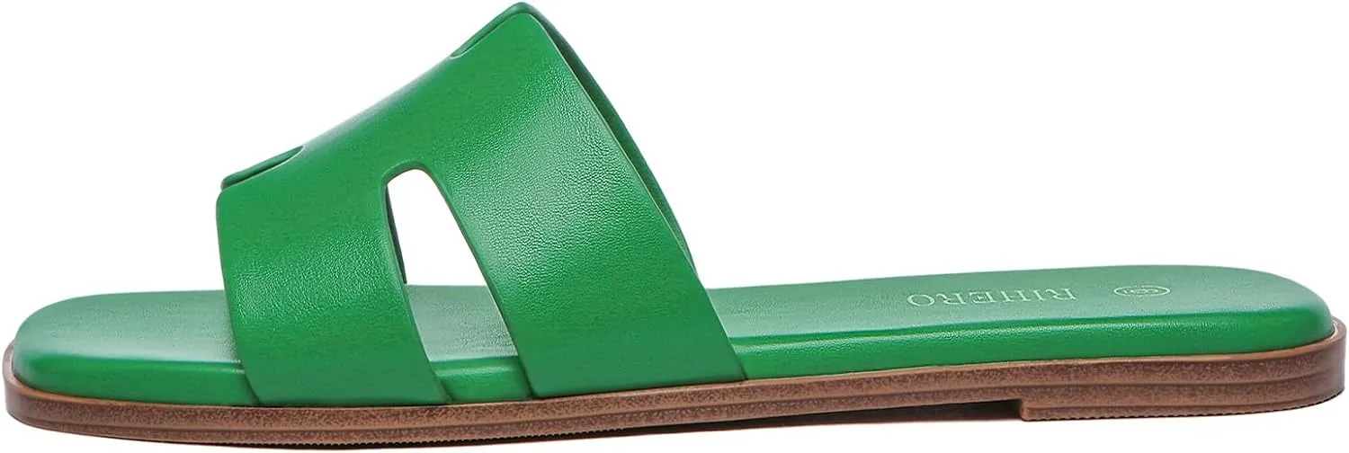 Rihero Women's Dressy Flat Sandals Comfortable Slip On Leather Slide Sandals