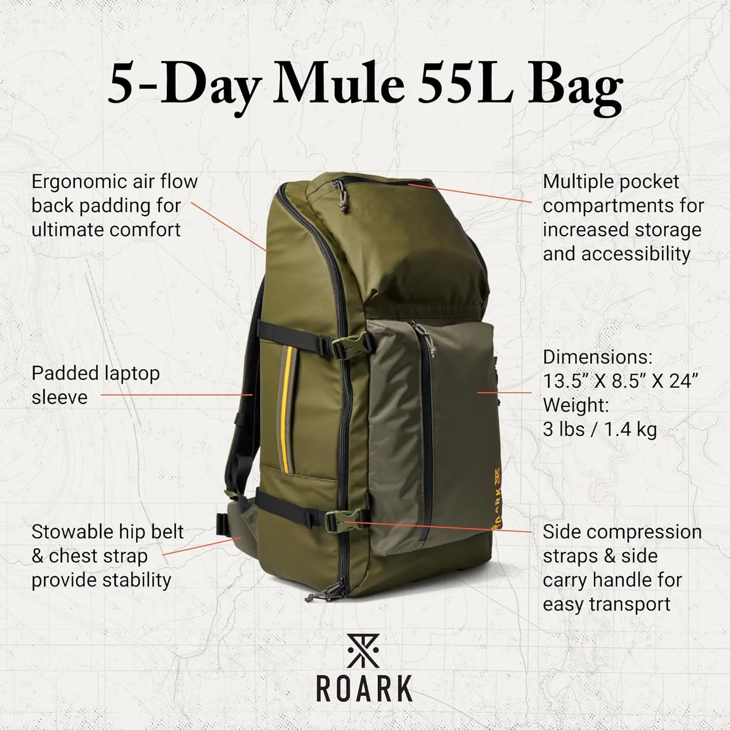 Roark 5 Day Mule 55L Backpack, Multi-Day Travel Pack with Laptop Storage, Military