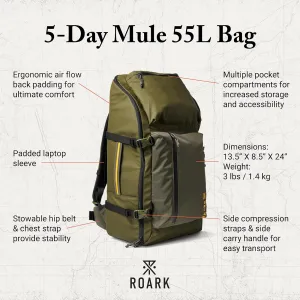 Roark 5 Day Mule 55L Backpack, Multi-Day Travel Pack with Laptop Storage, Military