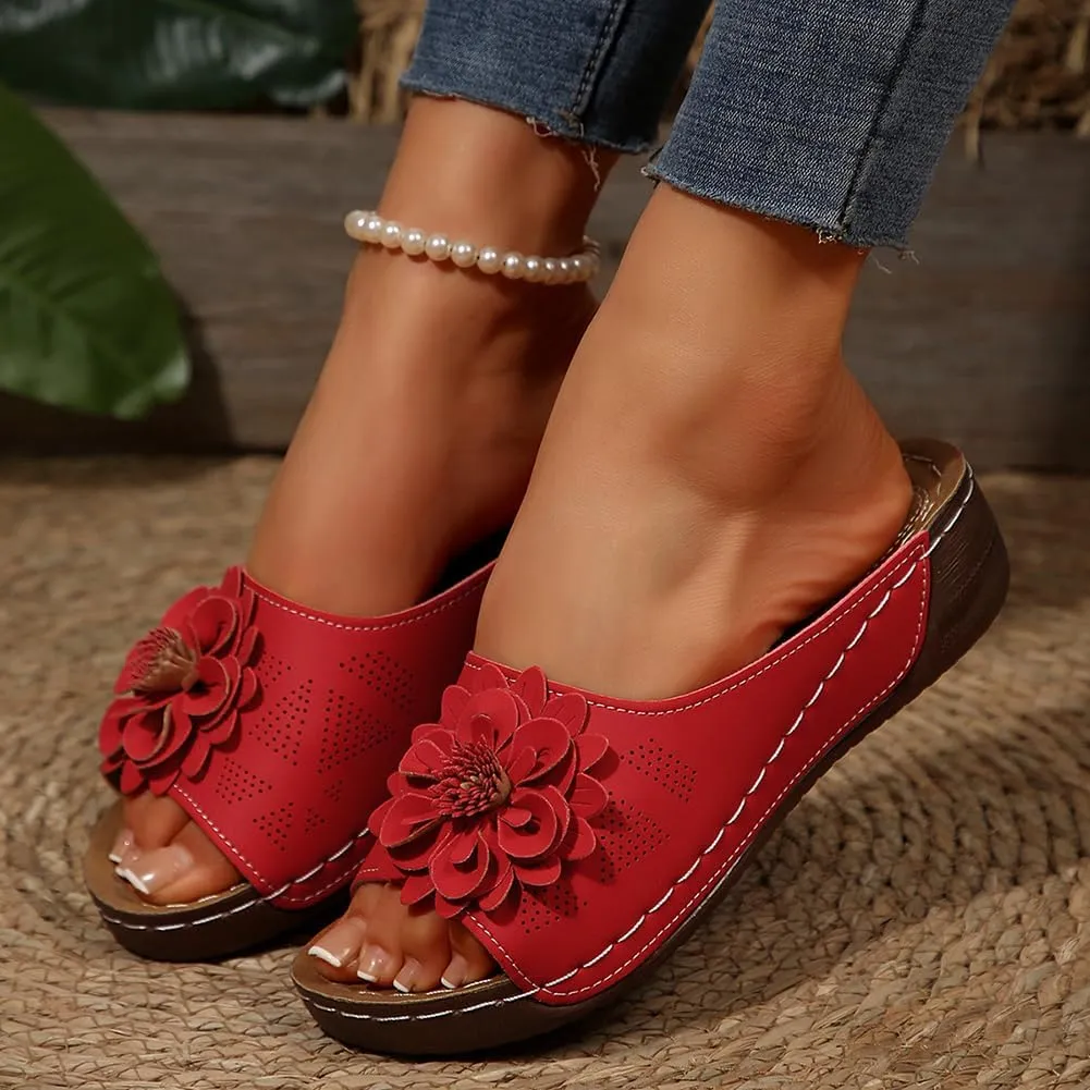 Rungion Womens Summer Beach Sandals Wedge Low Open Toe Slides Ladies Dressy Sandals Slipper Platform Comfortable Flower Sandals
