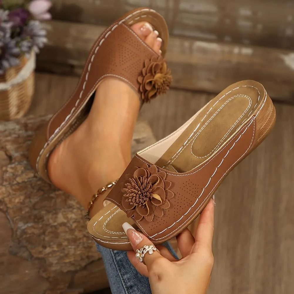 Rungion Womens Summer Beach Sandals Wedge Low Open Toe Slides Ladies Dressy Sandals Slipper Platform Comfortable Flower Sandals