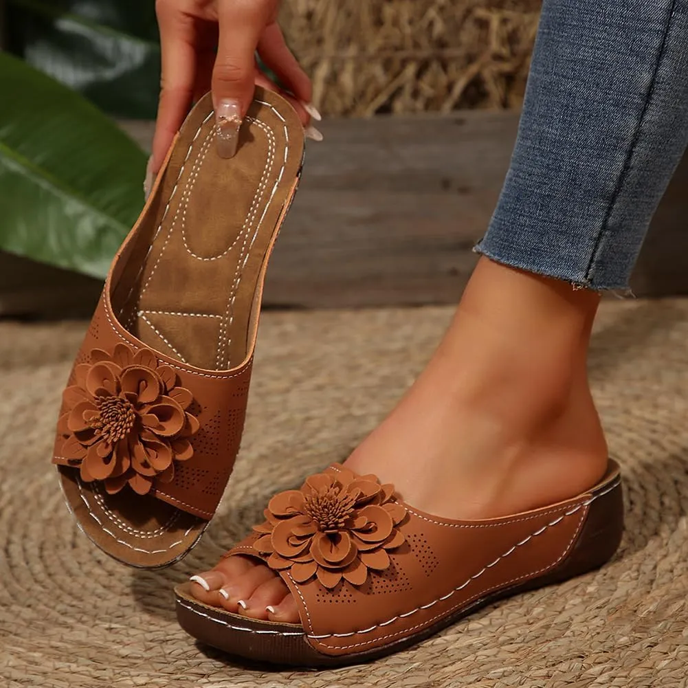 Rungion Womens Summer Beach Sandals Wedge Low Open Toe Slides Ladies Dressy Sandals Slipper Platform Comfortable Flower Sandals