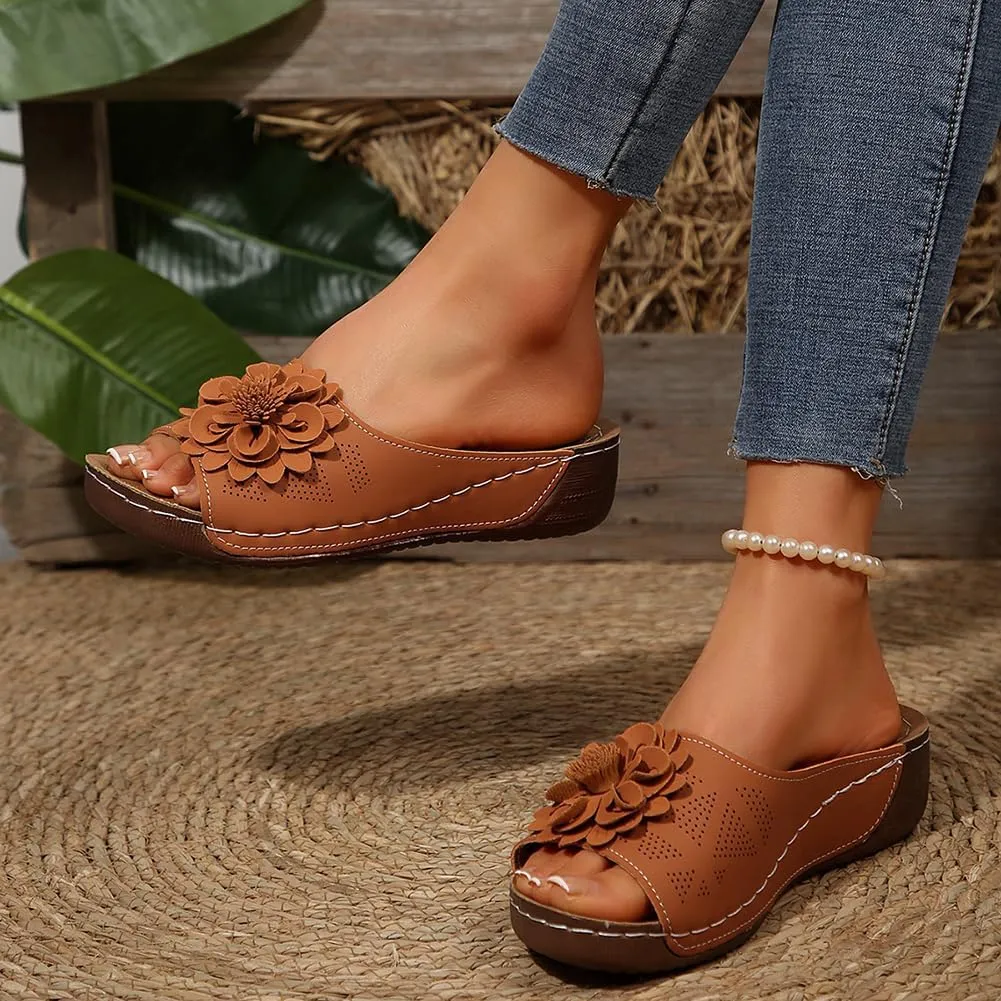 Rungion Womens Summer Beach Sandals Wedge Low Open Toe Slides Ladies Dressy Sandals Slipper Platform Comfortable Flower Sandals