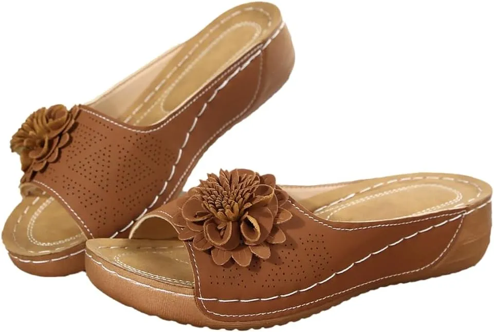 Rungion Womens Summer Beach Sandals Wedge Low Open Toe Slides Ladies Dressy Sandals Slipper Platform Comfortable Flower Sandals