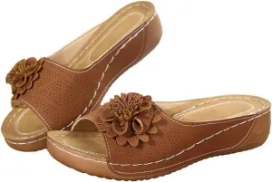 Rungion Womens Summer Beach Sandals Wedge Low Open Toe Slides Ladies Dressy Sandals Slipper Platform Comfortable Flower Sandals
