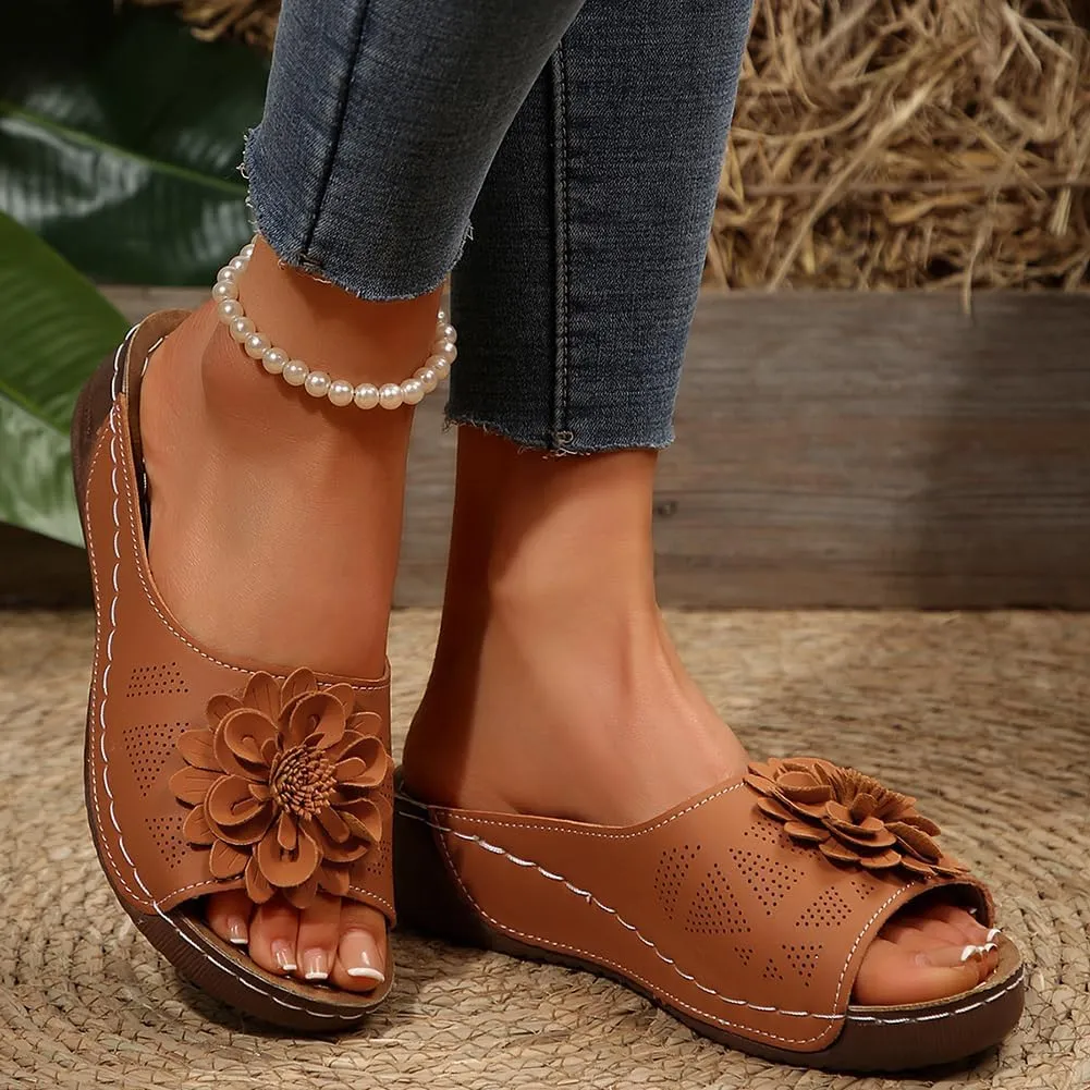 Rungion Womens Summer Beach Sandals Wedge Low Open Toe Slides Ladies Dressy Sandals Slipper Platform Comfortable Flower Sandals