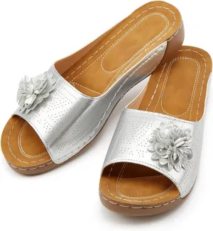Rungion Womens Summer Beach Sandals Wedge Low Open Toe Slides Ladies Dressy Sandals Slipper Platform Comfortable Flower Sandals