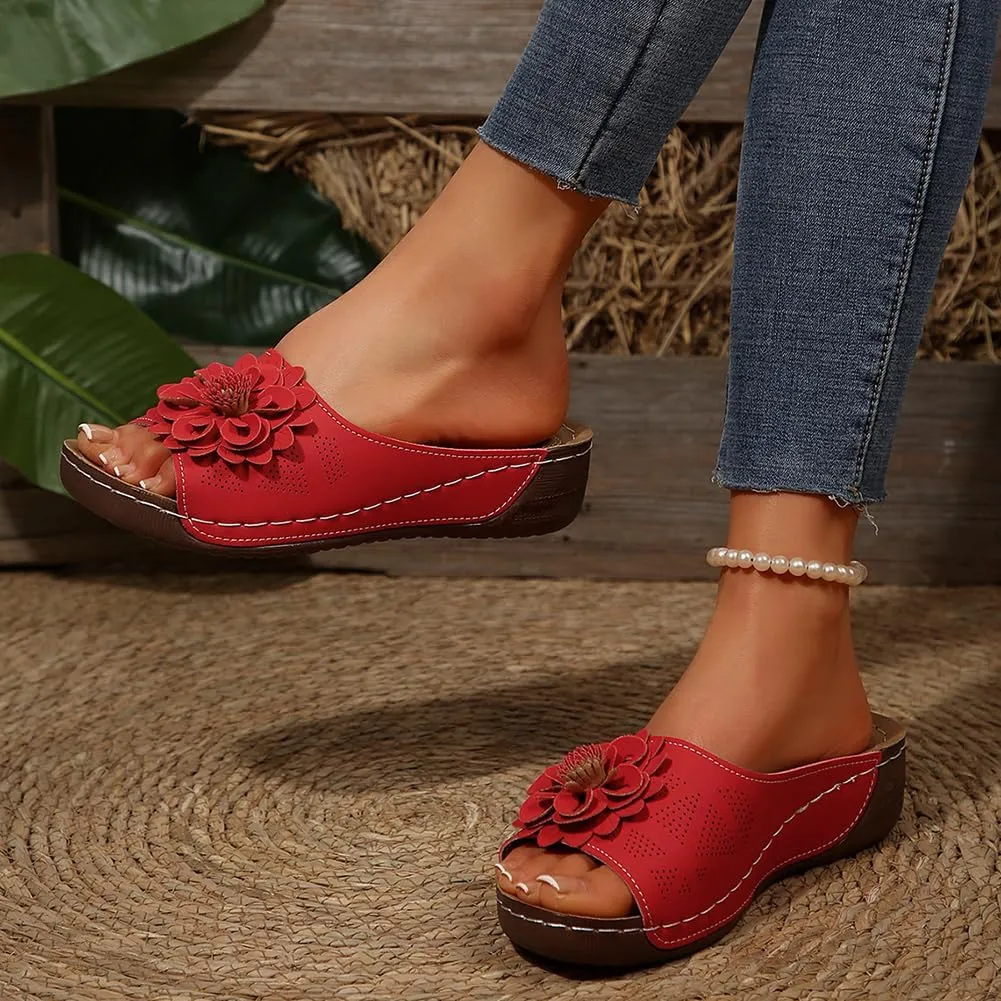 Rungion Womens Summer Beach Sandals Wedge Low Open Toe Slides Ladies Dressy Sandals Slipper Platform Comfortable Flower Sandals